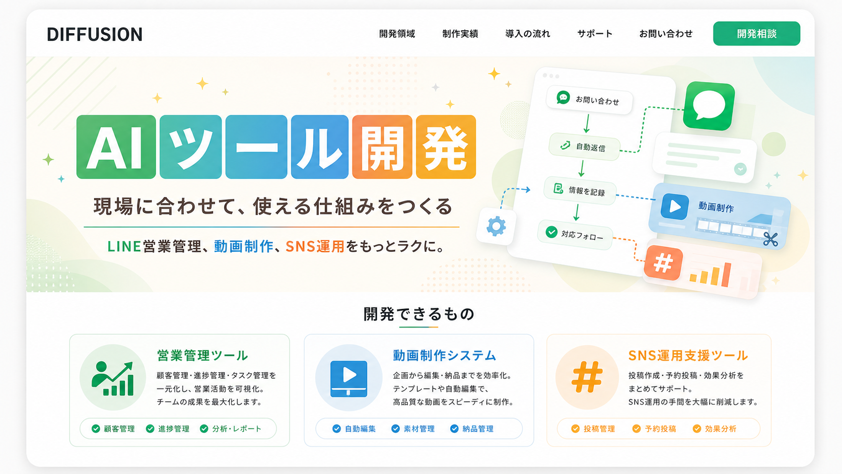 AIツール開発のホームページ風ビジュアル