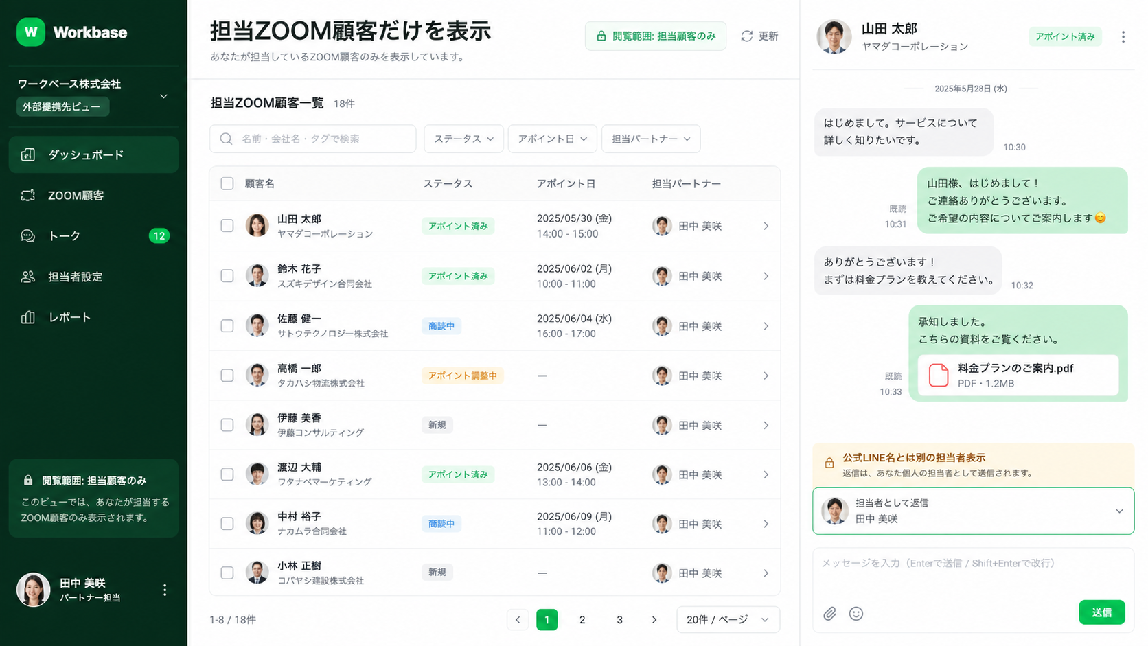 Workbase LINE営業管理ツールの画面イメージ